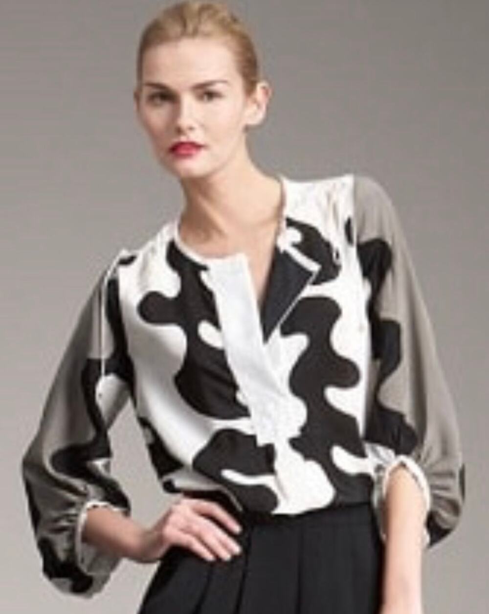 Diane von Furstenberg Silk Blouse Geo Black Cream Print Long Sleeve Women's 6